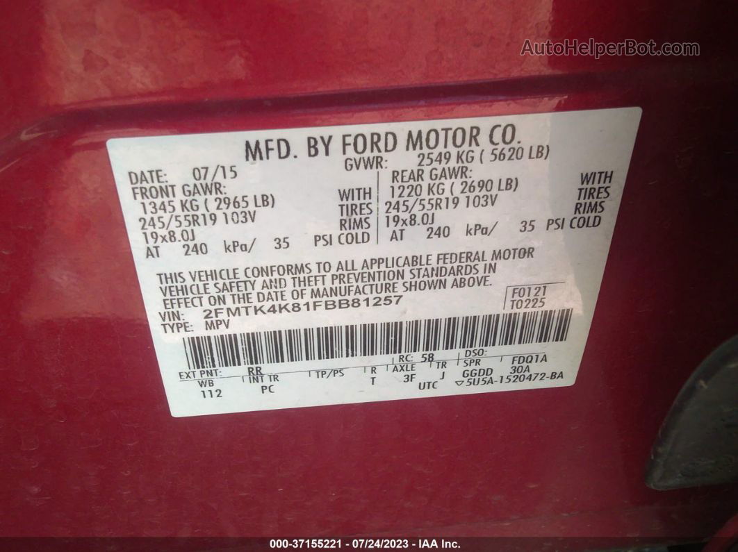 2015 Ford Edge Titanium Red vin: 2FMTK4K81FBB81257