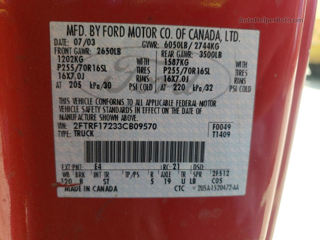 2003 Ford F150  Red vin: 2FTRF17233CB09570