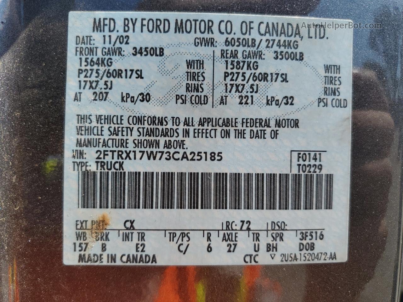 2003 Ford F150  Серый vin: 2FTRX17W73CA25185