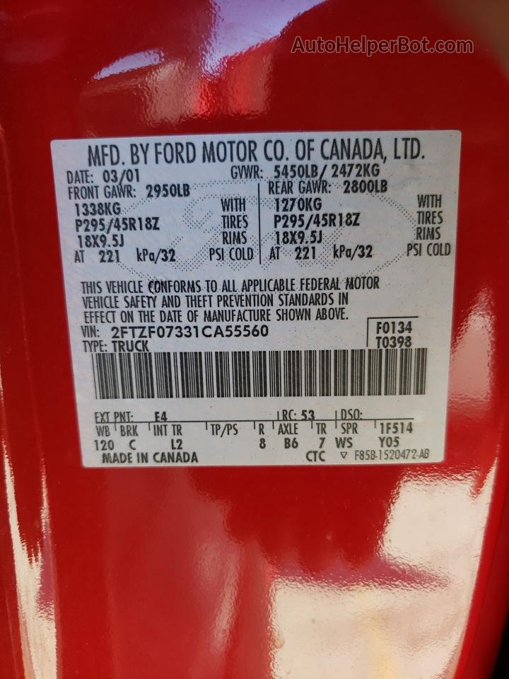 2001 Ford F150 Svt Lightning Красный vin: 2FTZF07331CA55560