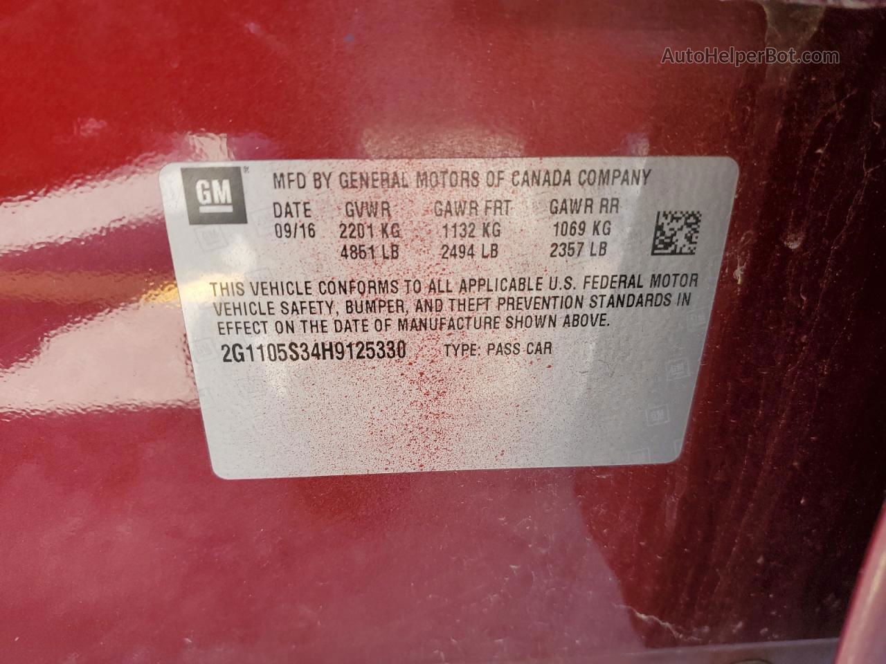 2017 Chevrolet Impala Lt Red vin: 2G1105S34H9125330