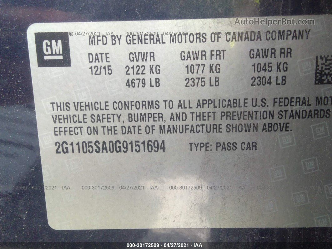 2016 Chevrolet Impala Lt Синий vin: 2G1105SA0G9151694
