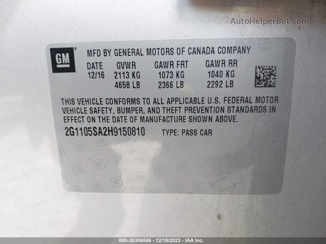 2017 Chevrolet Impala 1lt Silver vin: 2G1105SA2H9150810