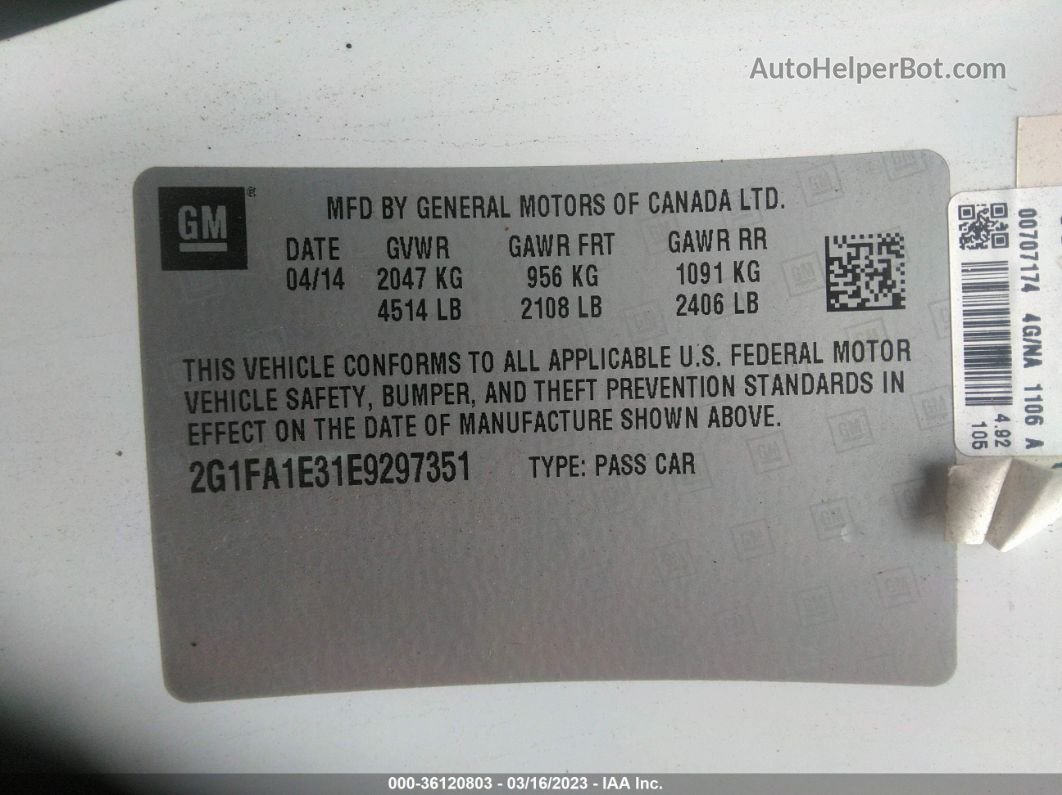 2014 Chevrolet Camaro Ls Белый vin: 2G1FA1E31E9297351