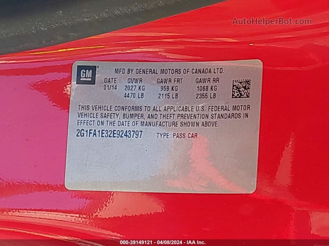 2014 Chevrolet Camaro 2ls Red vin: 2G1FA1E32E9243797