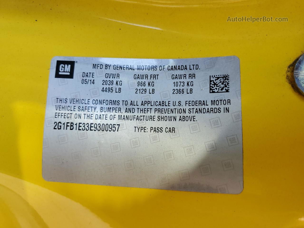 2014 Chevrolet Camaro Lt Yellow vin: 2G1FB1E33E9300957