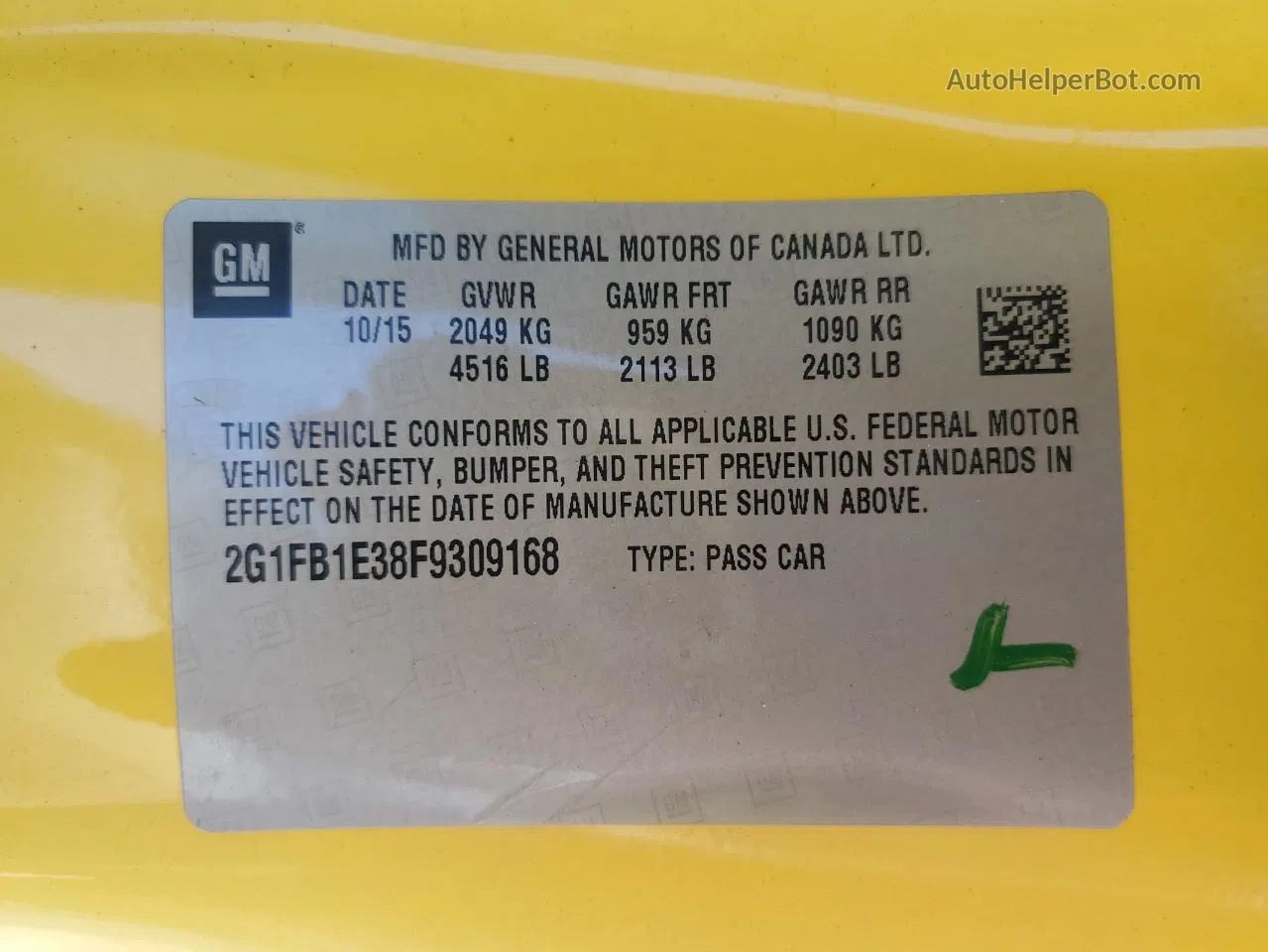 2015 Chevrolet Camaro Ls Yellow vin: 2G1FB1E38F9309168