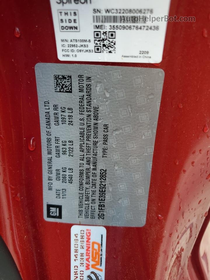 2014 Chevrolet Camaro Lt Red vin: 2G1FB1E39E9212852