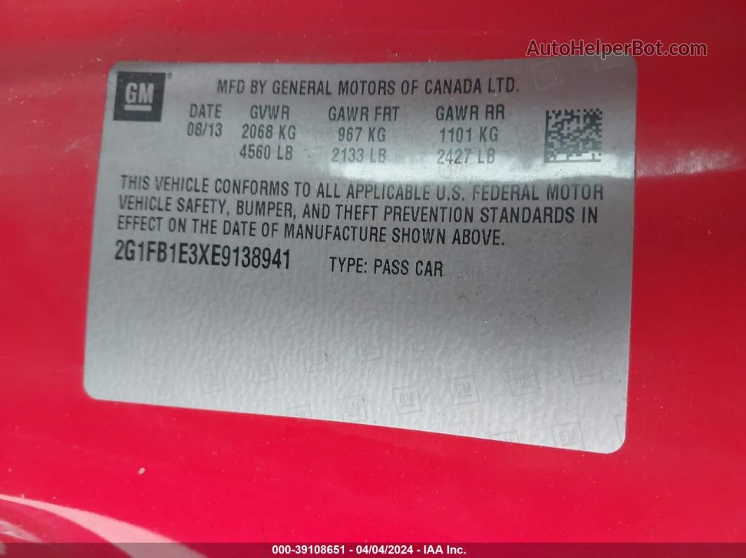 2014 Chevrolet Camaro 1lt Red vin: 2G1FB1E3XE9138941