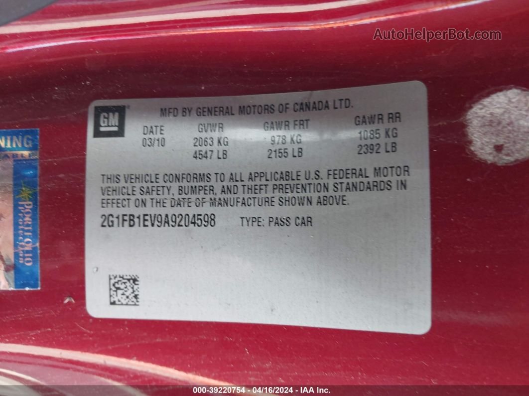 2010 Chevrolet Camaro 1lt Red vin: 2G1FB1EV9A9204598