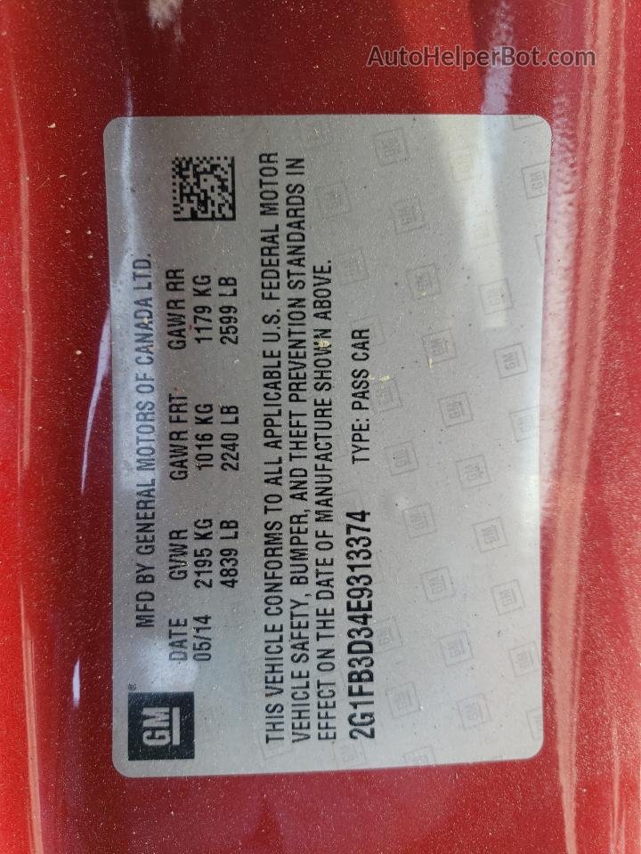 2014 Chevrolet Camaro Lt Red vin: 2G1FB3D34E9313374
