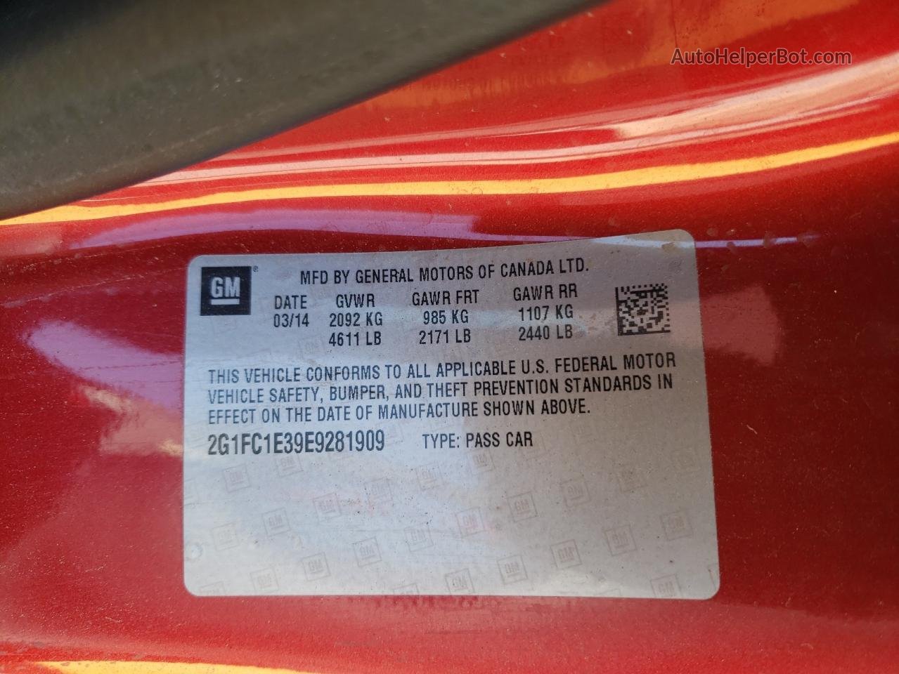 2014 Chevrolet Camaro Lt Red vin: 2G1FC1E39E9281909