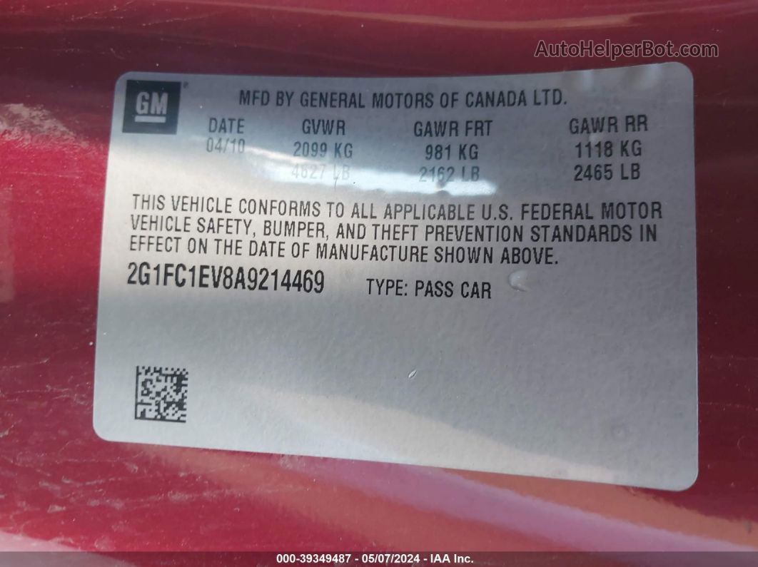 2010 Chevrolet Camaro 2lt Red vin: 2G1FC1EV8A9214469