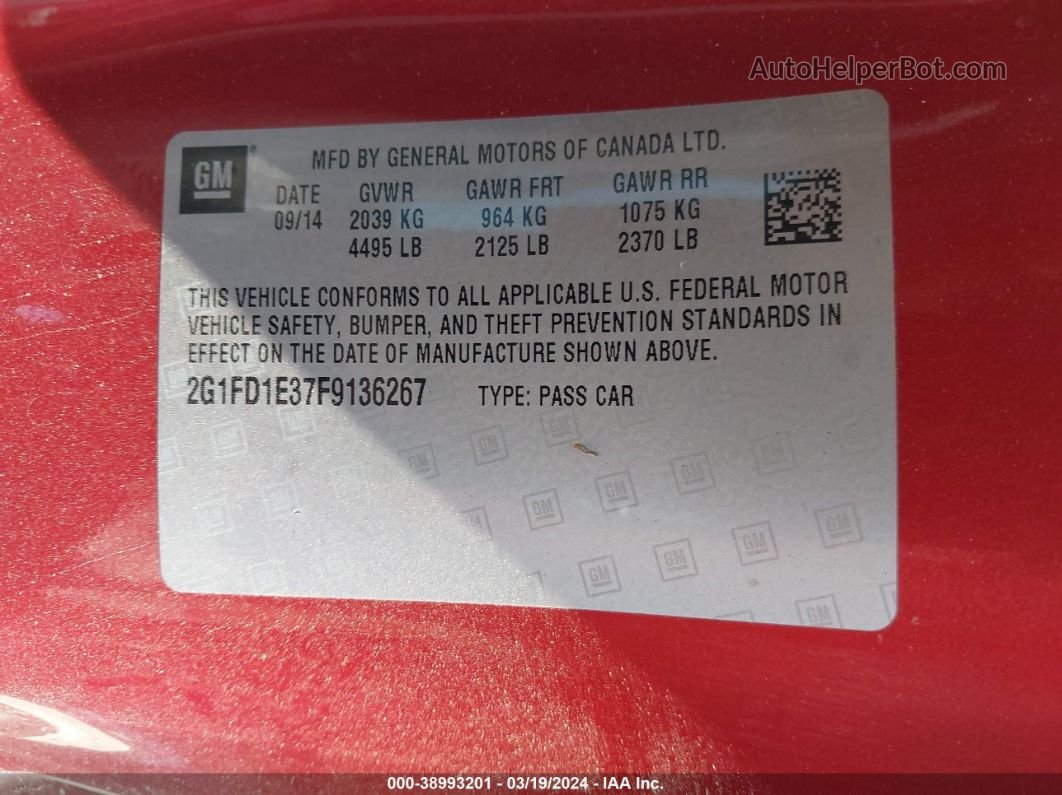 2015 Chevrolet Camaro 1lt Бордовый vin: 2G1FD1E37F9136267