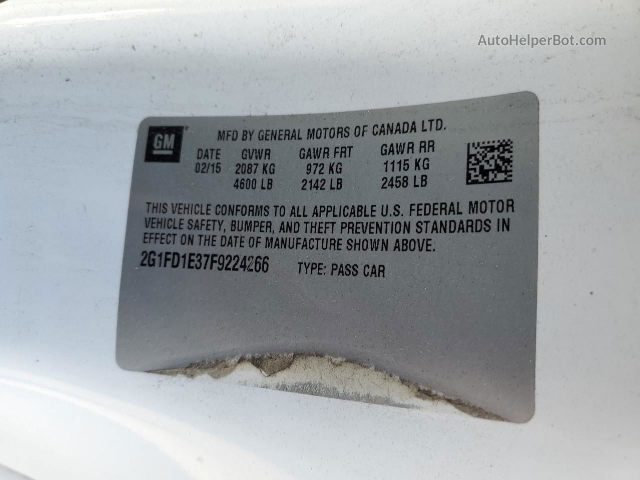 2015 Chevrolet Camaro Lt White vin: 2G1FD1E37F9224266