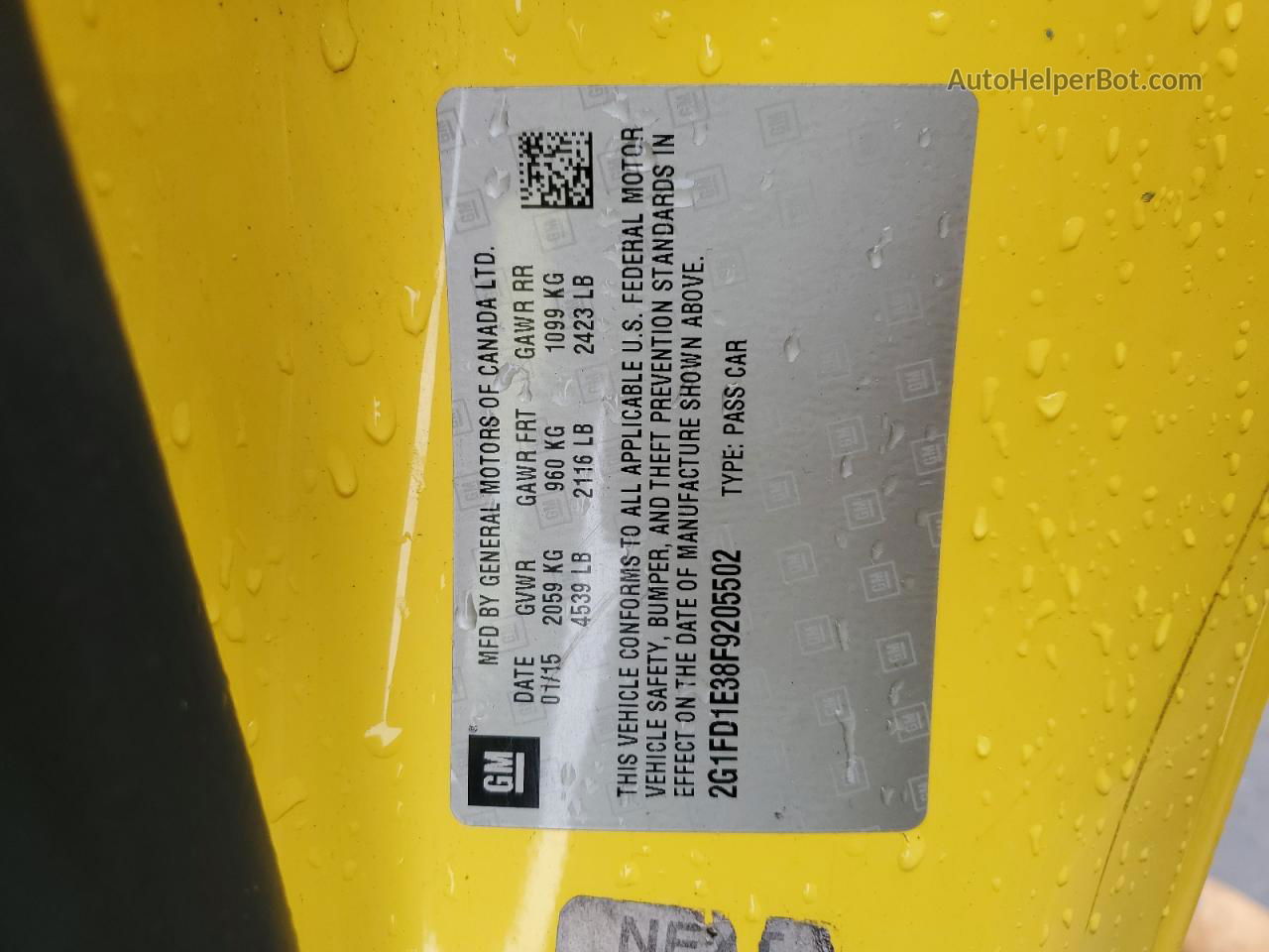 2015 Chevrolet Camaro Lt Yellow vin: 2G1FD1E38F9205502
