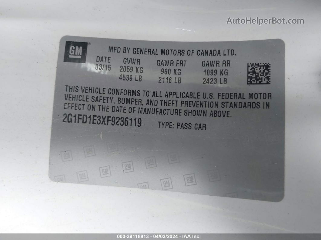 2015 Chevrolet Camaro 1lt White vin: 2G1FD1E3XF9236119