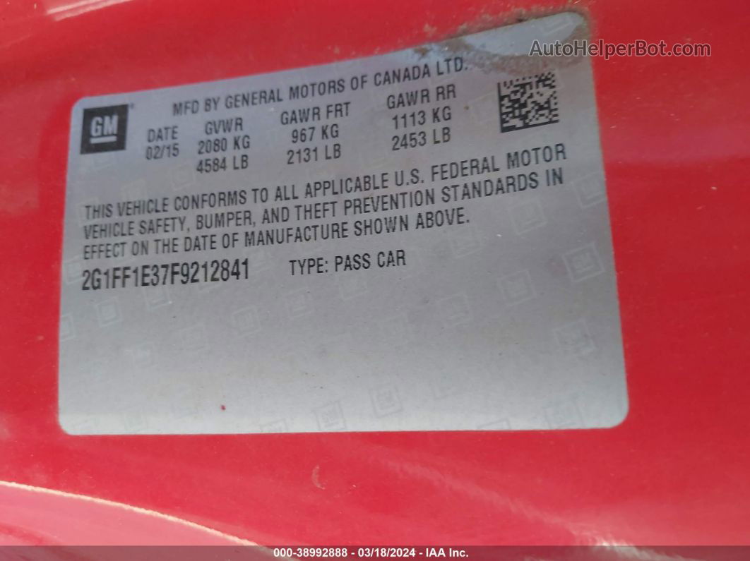2015 Chevrolet Camaro 2lt Red vin: 2G1FF1E37F9212841