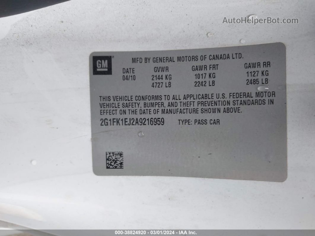 2010 Chevrolet Camaro 2ss White vin: 2G1FK1EJ2A9216959