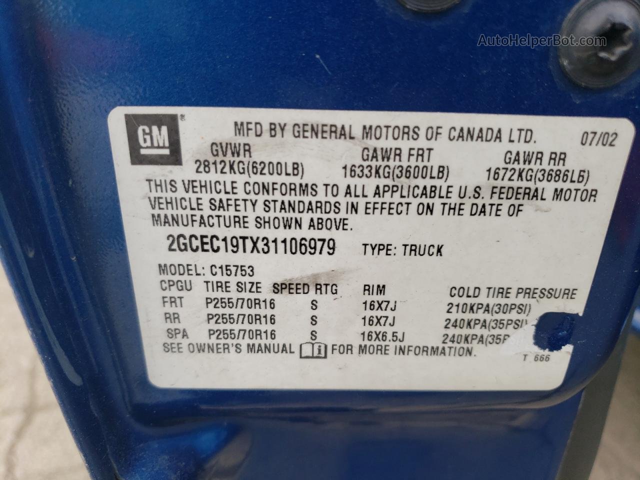 2003 Chevrolet Silverado C1500 Blue vin: 2GCEC19TX31106979