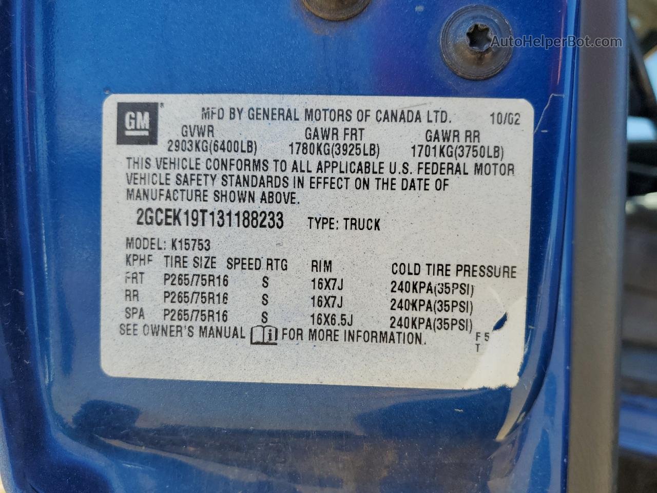2003 Chevrolet Silverado K1500 Синий vin: 2GCEK19T131188233