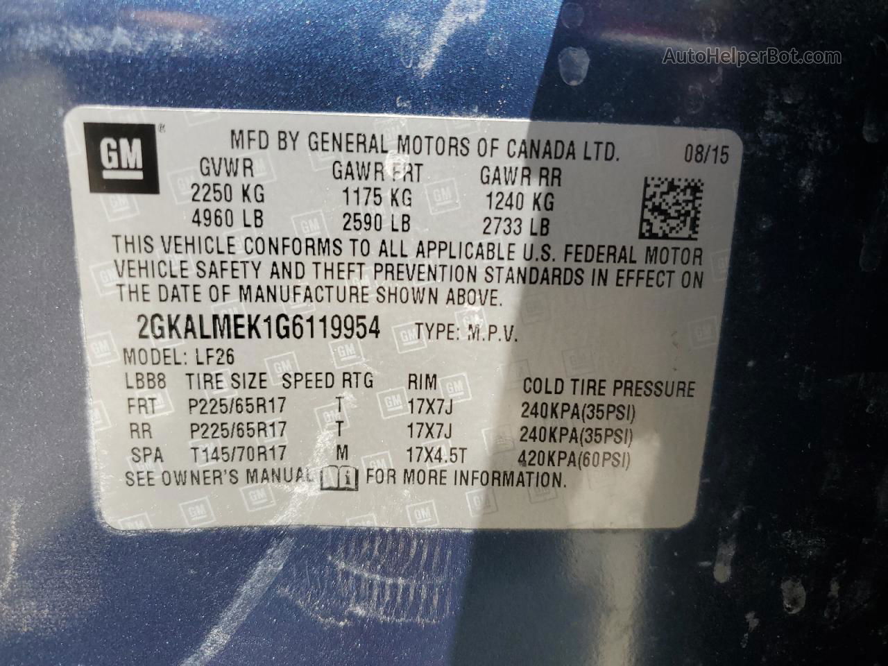 2016 Gmc Terrain Sle Blue vin: 2GKALMEK1G6119954