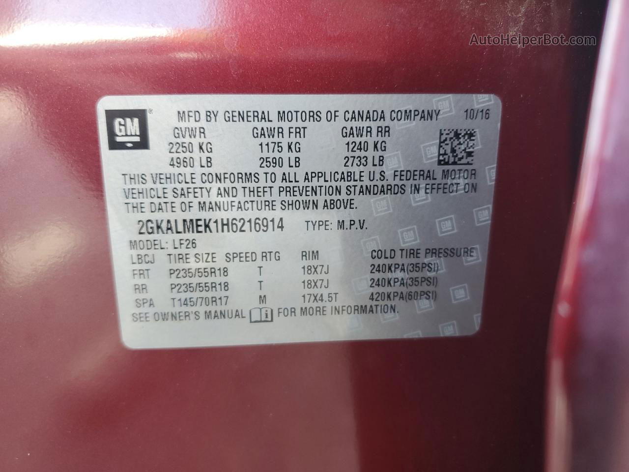 2017 Gmc Terrain Sle Red vin: 2GKALMEK1H6216914