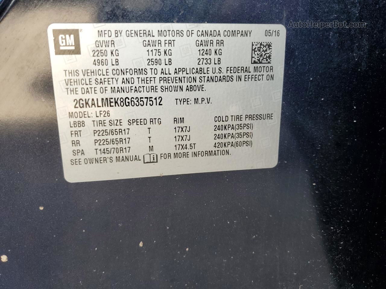 2016 Gmc Terrain Sle Синий vin: 2GKALMEK8G6357512