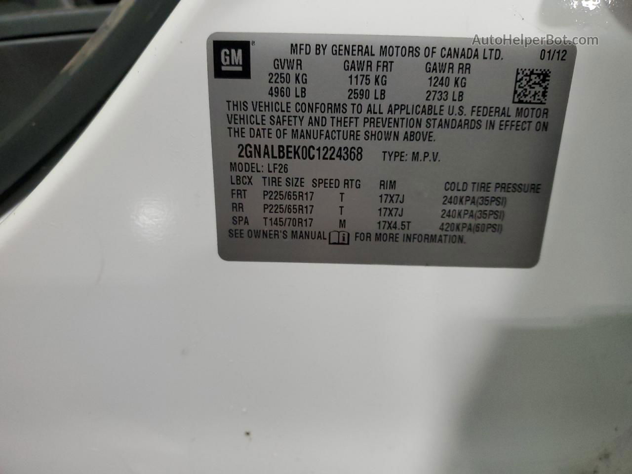 2012 Chevrolet Equinox Ls White vin: 2GNALBEK0C1224368