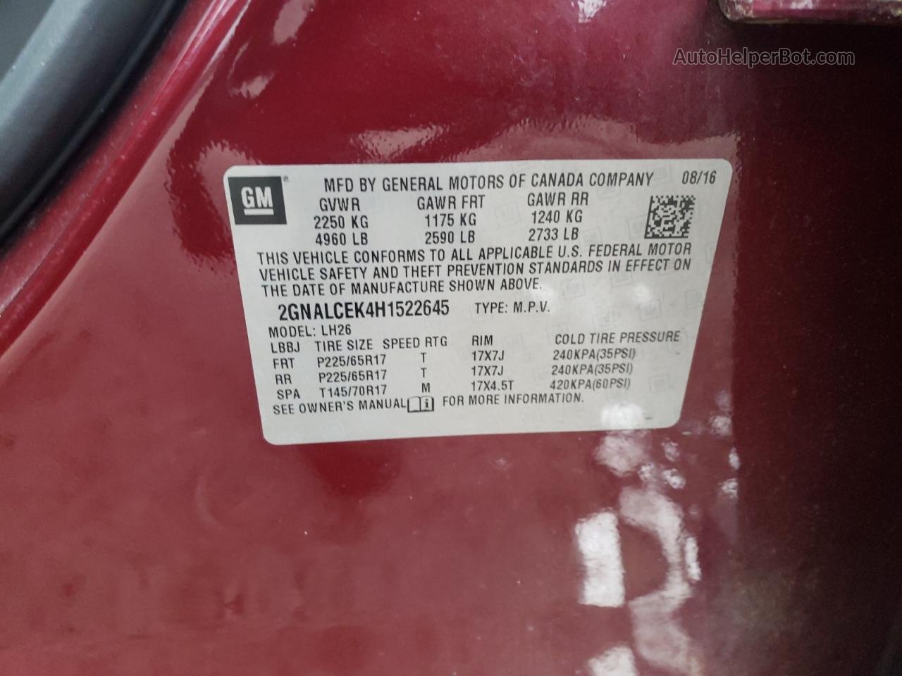 2017 Chevrolet Equinox Lt Бордовый vin: 2GNALCEK4H1522645