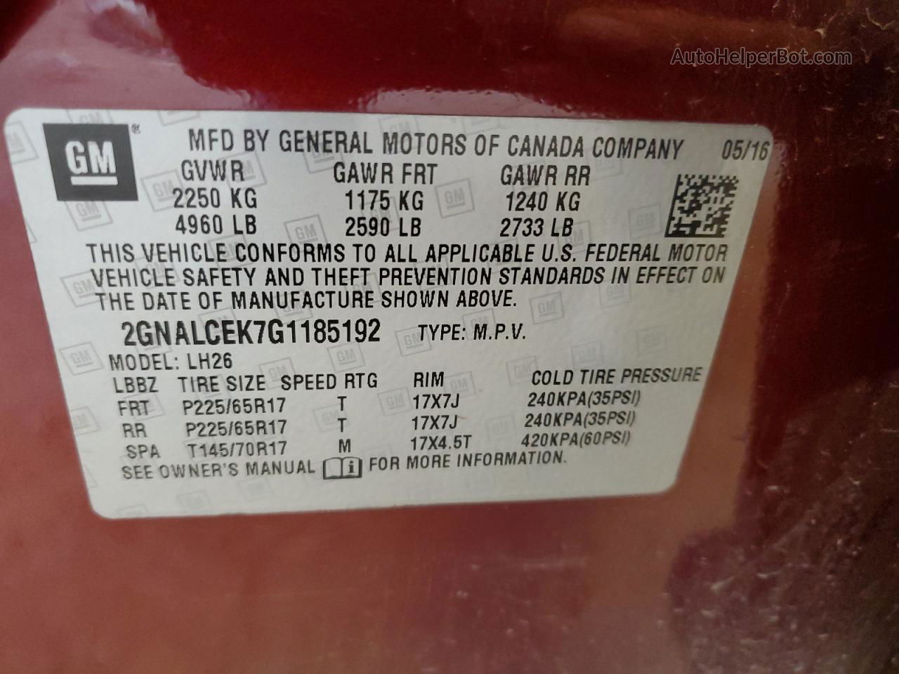 2016 Chevrolet Equinox Lt Red vin: 2GNALCEK7G1185192