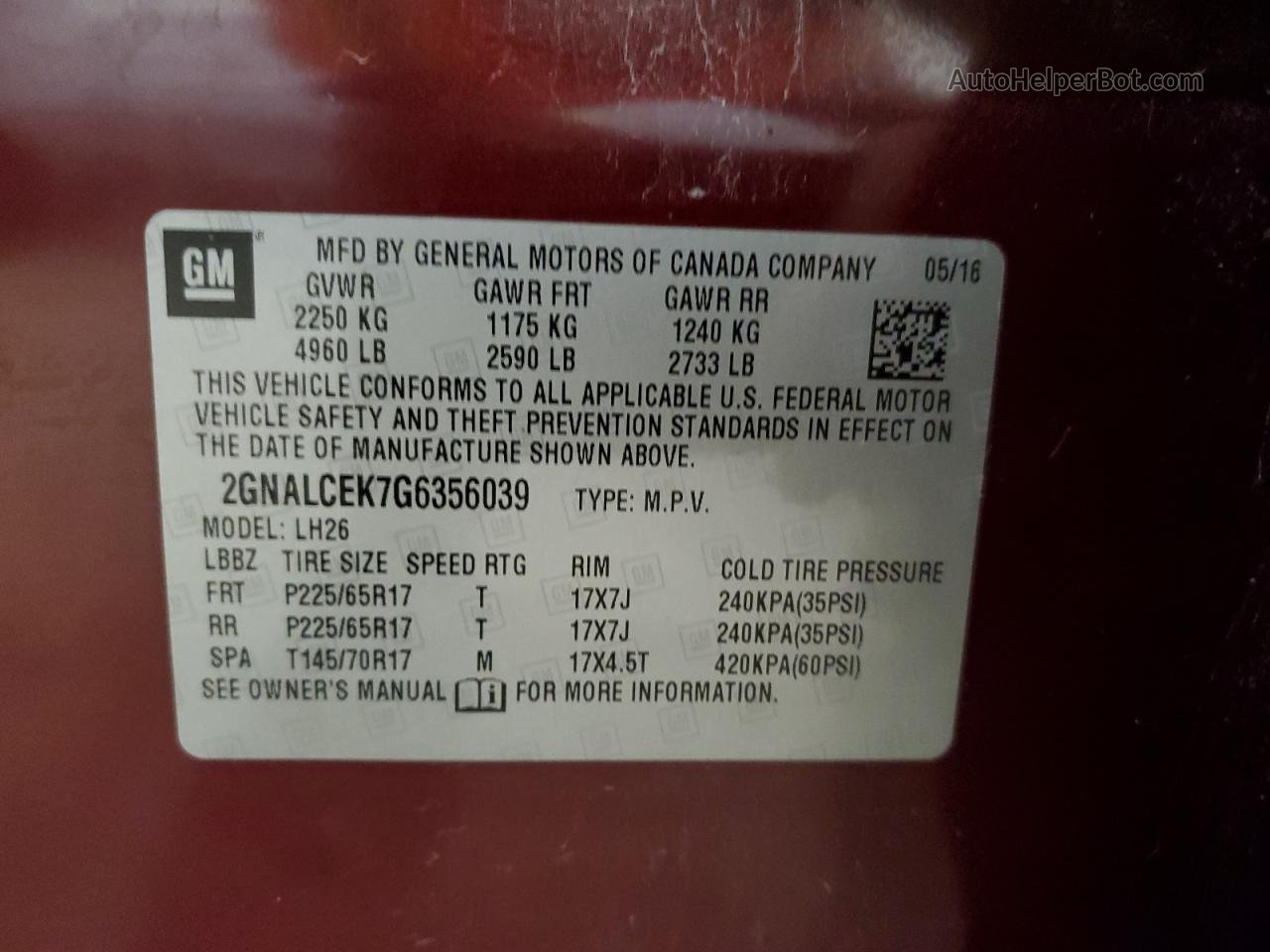 2016 Chevrolet Equinox Lt Темно-бордовый vin: 2GNALCEK7G6356039