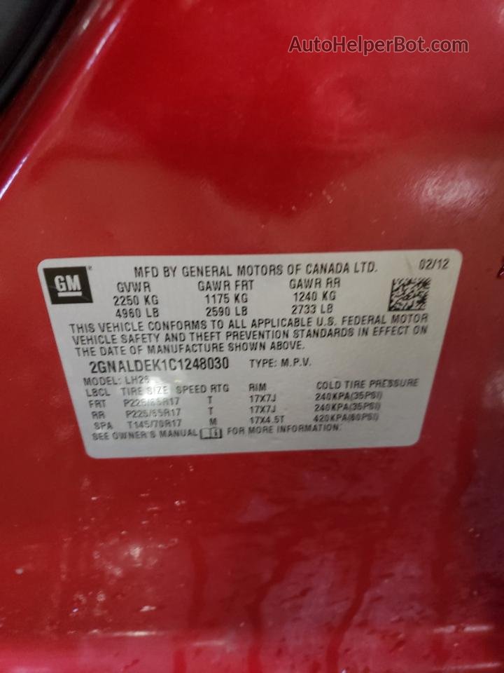 2012 Chevrolet Equinox Lt Red vin: 2GNALDEK1C1248030