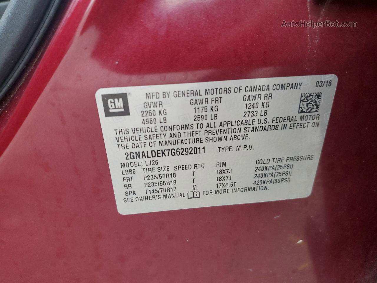 2016 Chevrolet Equinox Ltz Темно-бордовый vin: 2GNALDEK7G6292011