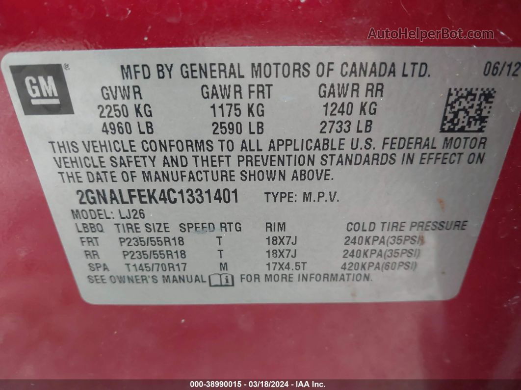 2012 Chevrolet Equinox Ltz Red vin: 2GNALFEK4C1331401