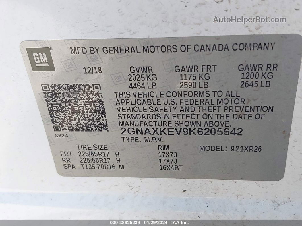 2019 Chevrolet Equinox Lt White vin: 2GNAXKEV9K6205642