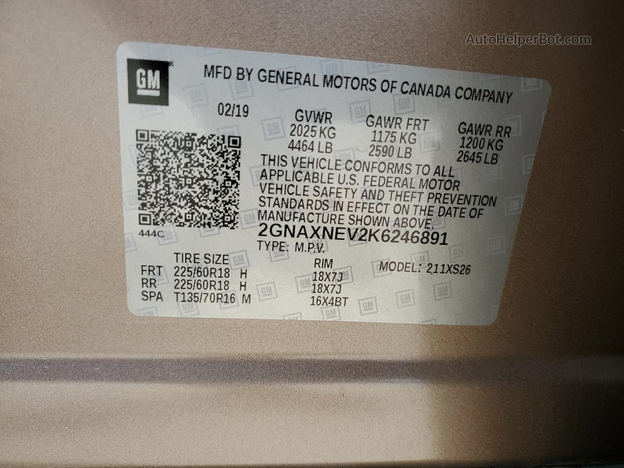 2019 Chevrolet Equinox Premier Tan vin: 2GNAXNEV2K6246891
