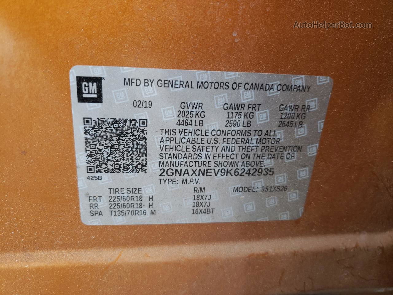 2019 Chevrolet Equinox Premier Orange vin: 2GNAXNEV9K6242935