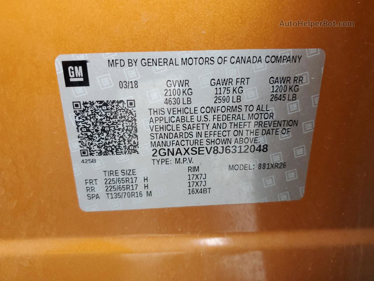 2018 Chevrolet Equinox Lt Orange vin: 2GNAXSEV8J6312048