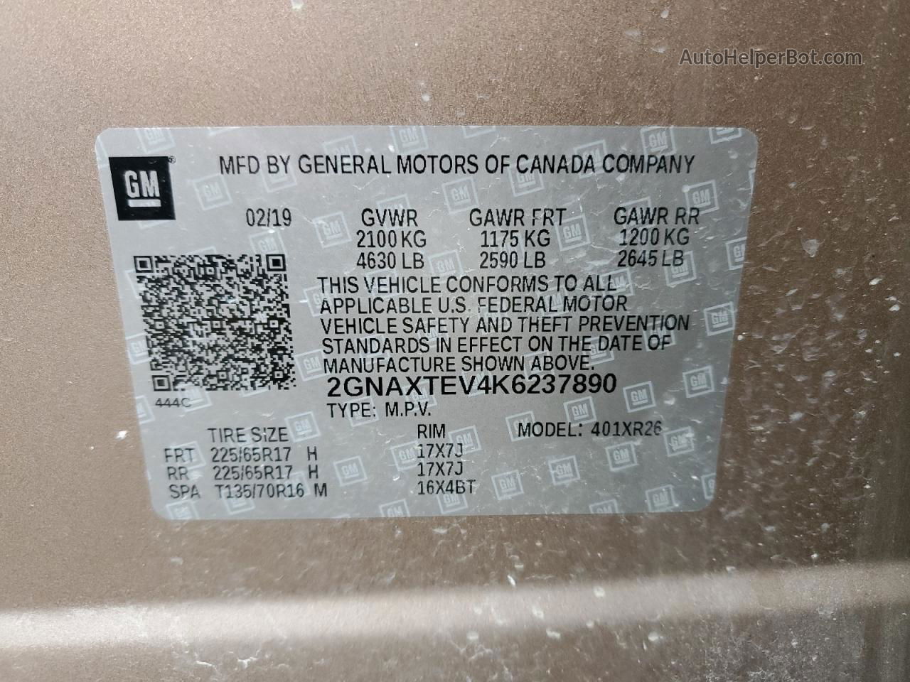 2019 Chevrolet Equinox Lt Tan vin: 2GNAXTEV4K6237890