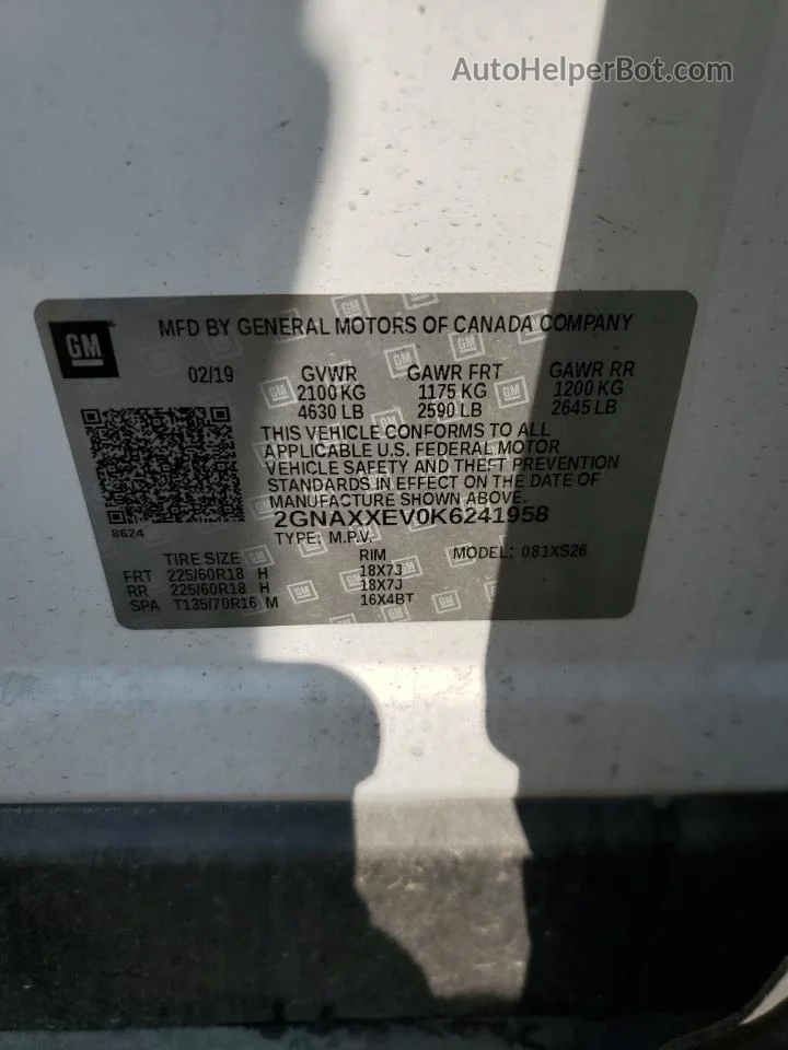 2019 Chevrolet Equinox Premier White vin: 2GNAXXEV0K6241958