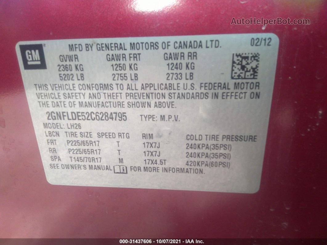 2012 Chevrolet Equinox Lt W/1lt Red vin: 2GNFLDE52C6284795