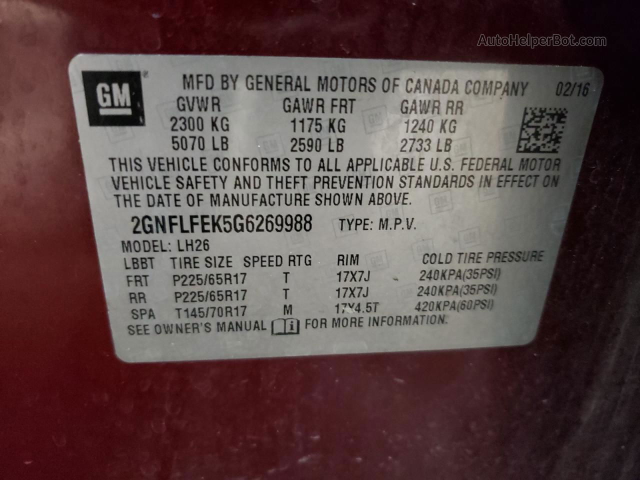 2016 Chevrolet Equinox Lt Burgundy vin: 2GNFLFEK5G6269988