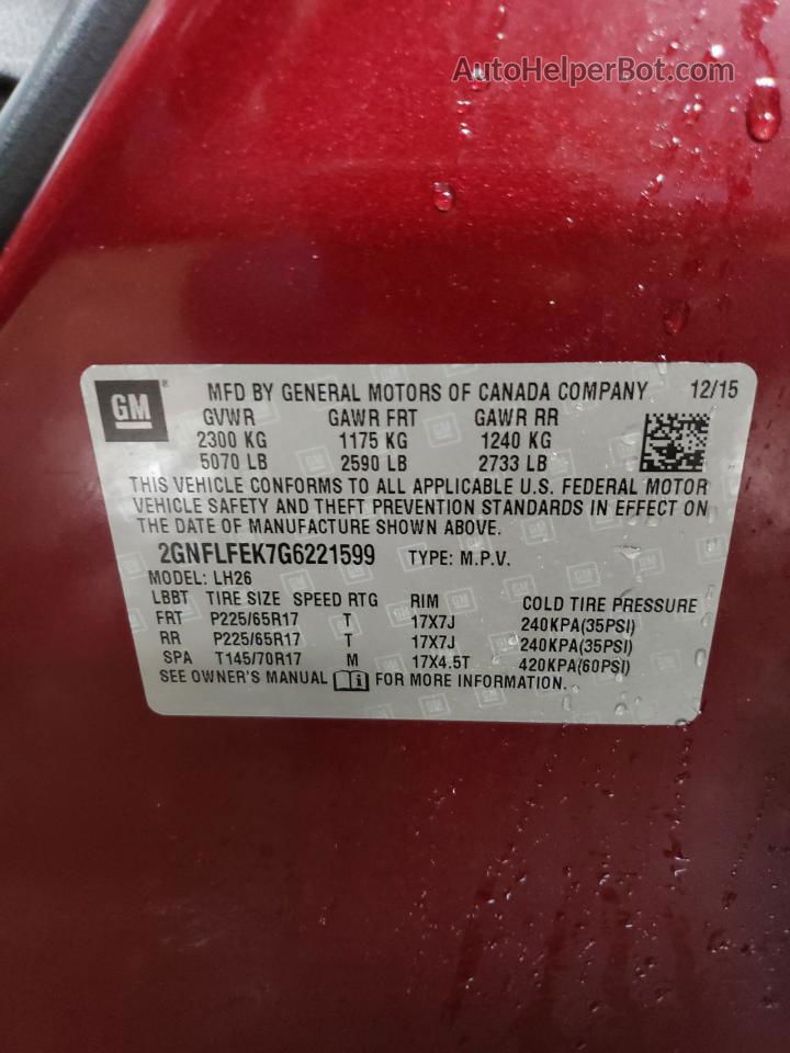 2016 Chevrolet Equinox Lt Red vin: 2GNFLFEK7G6221599