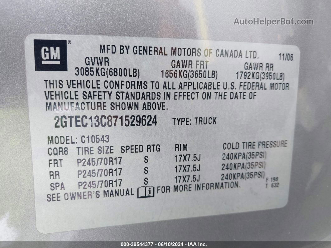 2007 Gmc Sierra 1500 Sle1 Gray vin: 2GTEC13C871529624