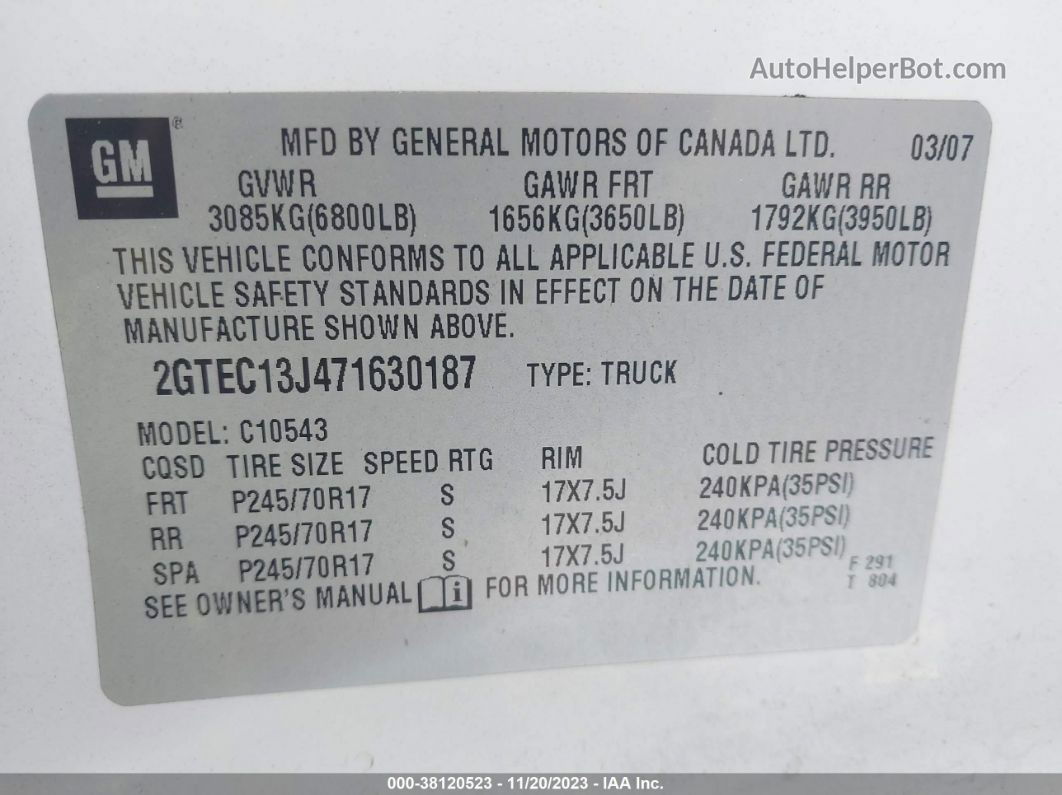 2007 Gmc Sierra 1500 Sle2 White vin: 2GTEC13J471630187