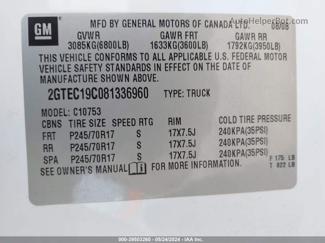 2008 Gmc Sierra 1500 Sl Белый vin: 2GTEC19C081336960