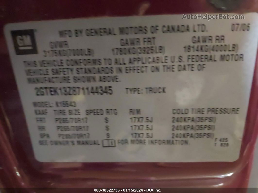 2007 Gmc Sierra 1500 Classic Slt Maroon vin: 2GTEK13Z871144345