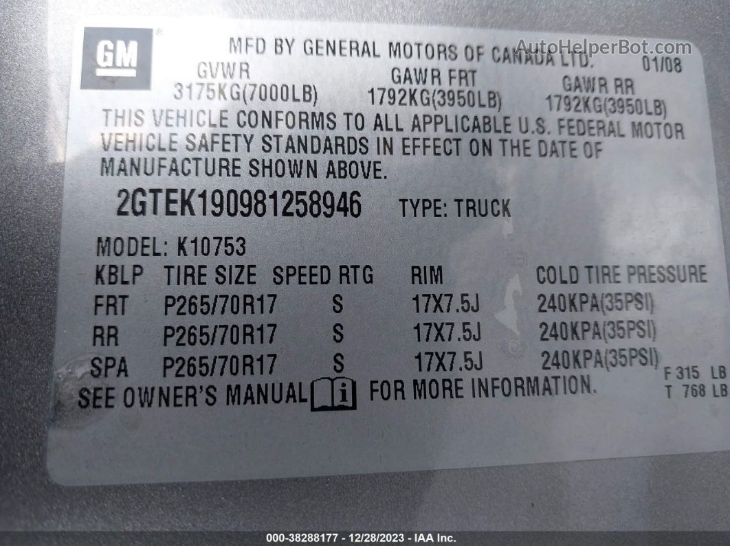 2008 Gmc Sierra 1500 Slt Gray vin: 2GTEK190981258946