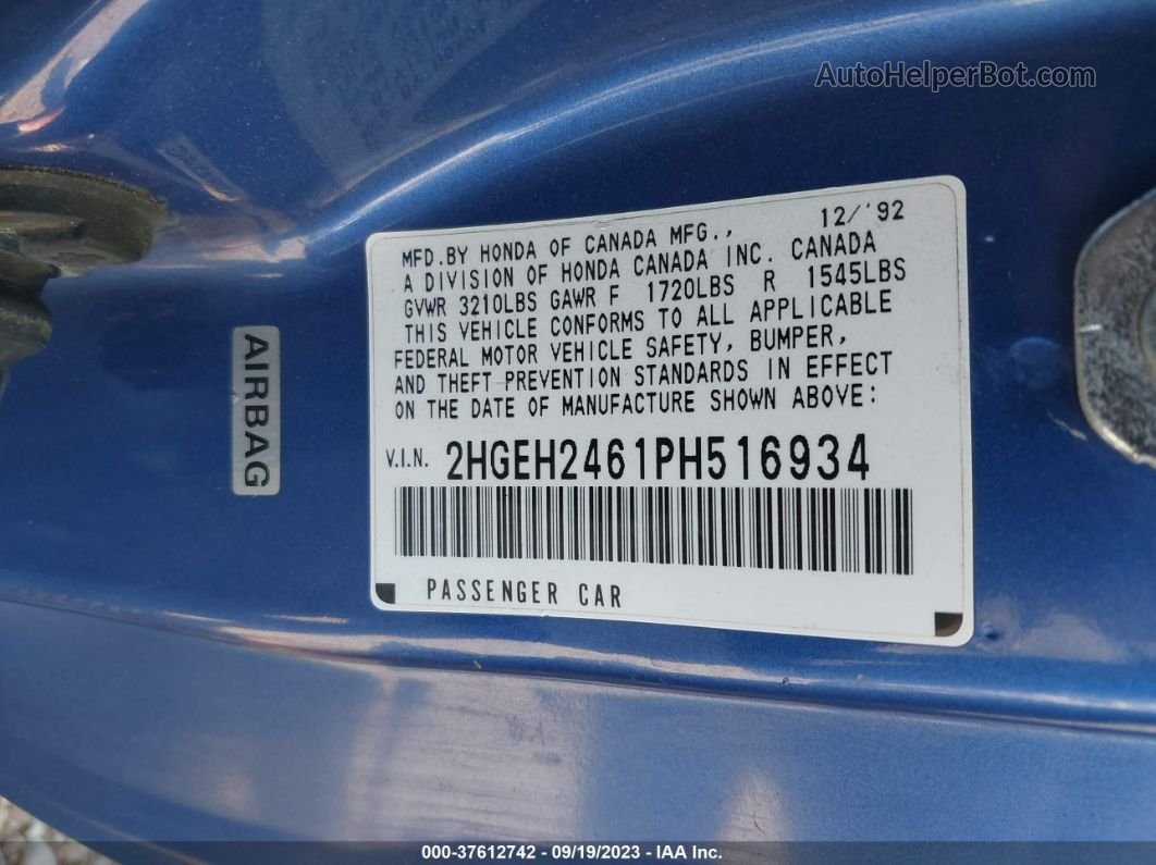 1993 Honda Civic Dx Blue vin: 2HGEH2461PH516934